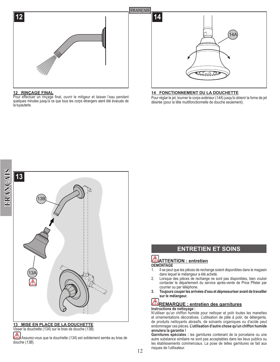 Fran ç ais, Entretien et soins | Pfister 8P5-DY00 User Manual | Page 12 / 14