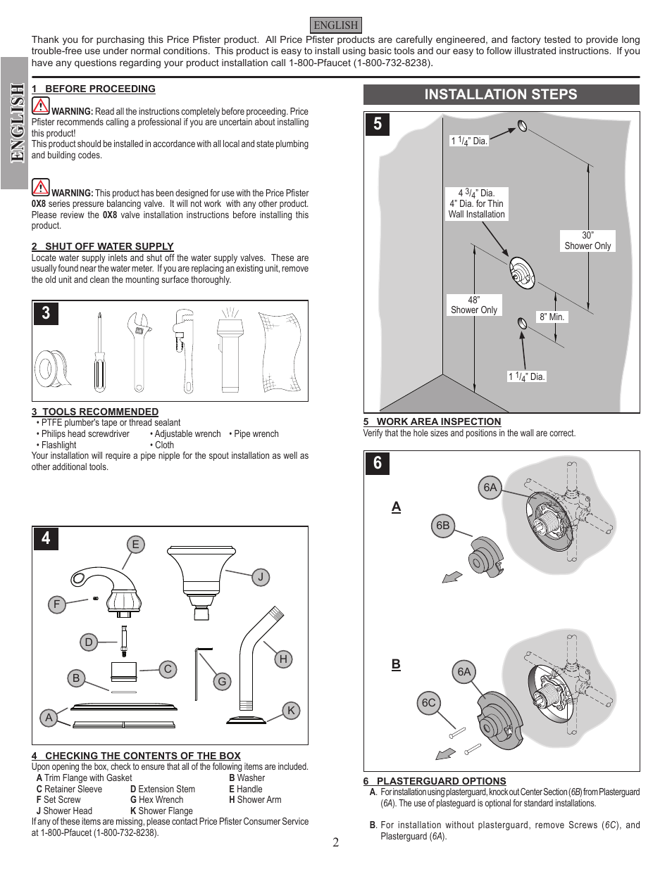 English, Installation steps | Pfister 8P5-DY00 User Manual | Page 2 / 14