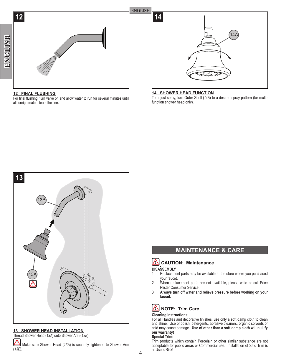 English, Maintenance & care | Pfister 8P5-DY00 User Manual | Page 4 / 14
