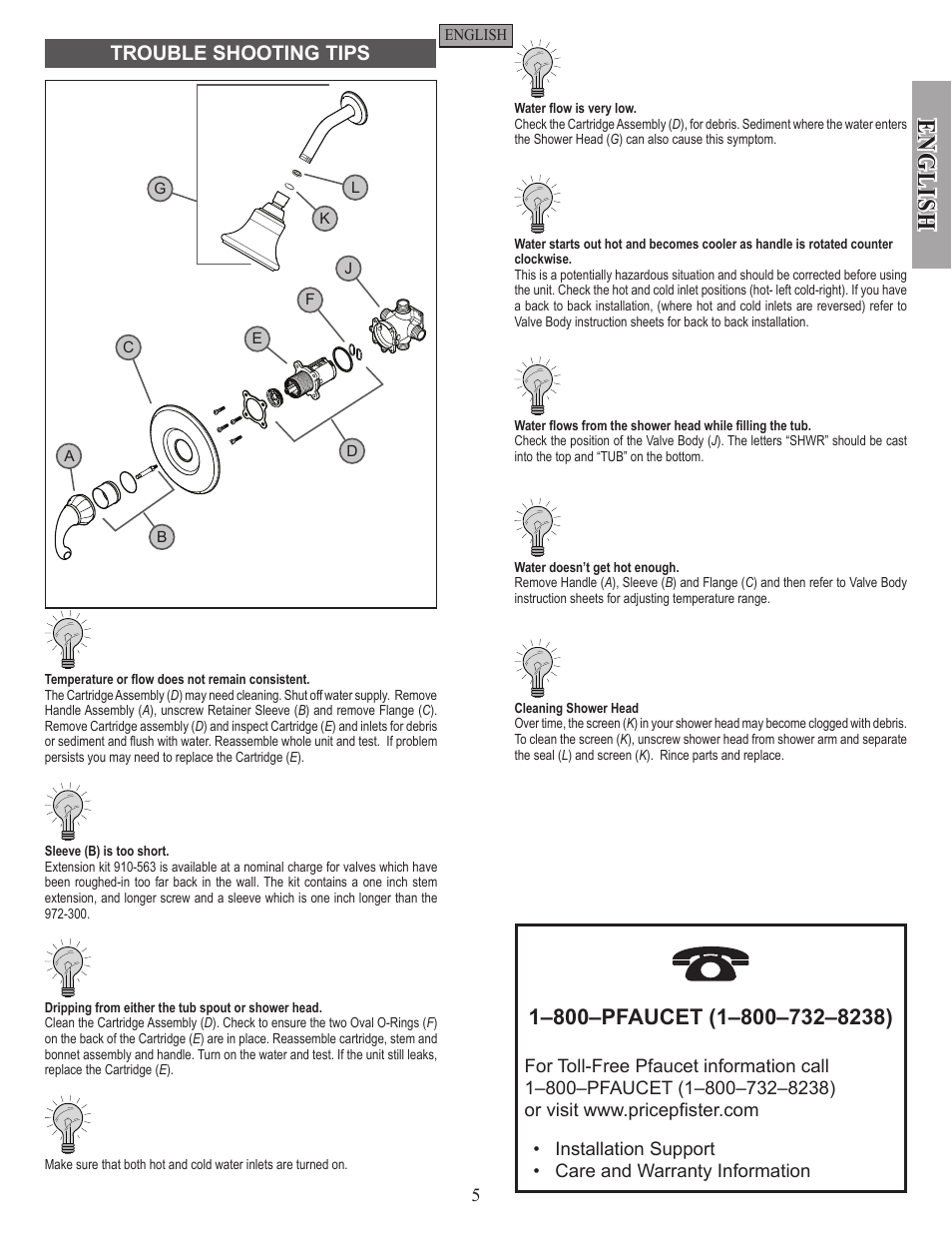 English, Trouble shooting tips | Pfister 8P5-DY00 User Manual | Page 5 / 14