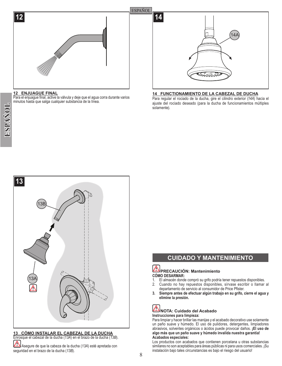 Esp a ñ ol, Cuidado y mantenimiento | Pfister 8P5-DY00 User Manual | Page 8 / 14