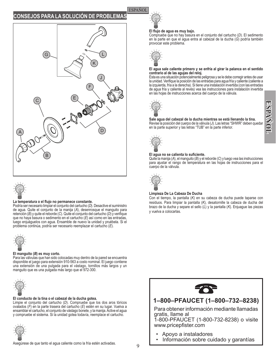 Esp a ñ ol, Consejos para la solución de problemas | Pfister 8P5-DY00 User Manual | Page 9 / 14