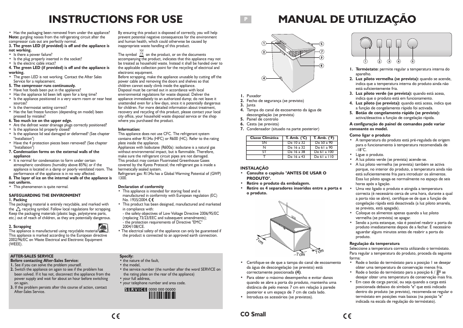 Instructions for use, Manual de utilização, Co small | Whirlpool AFG070AP User Manual | Page 4 / 22