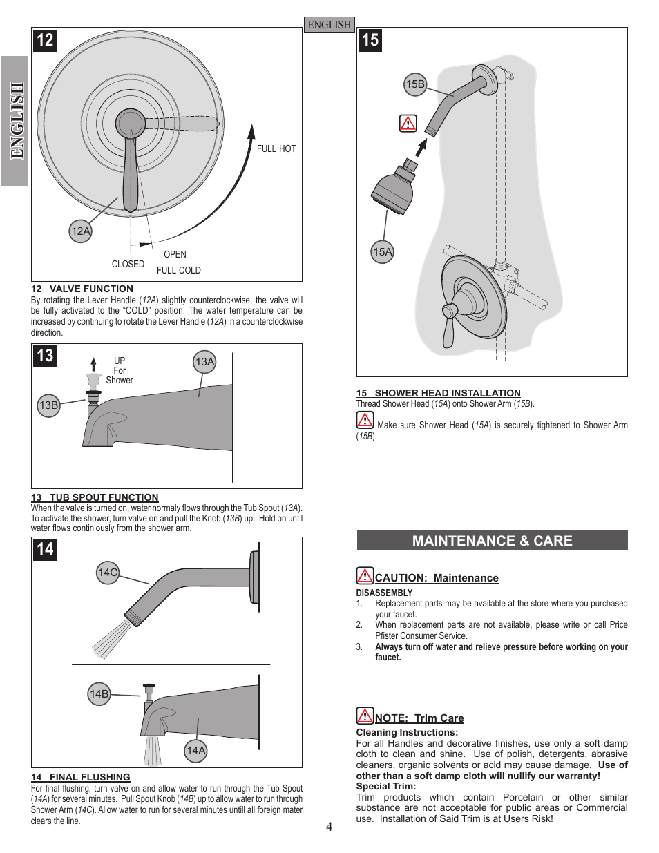 English, Maintenance & care | Pfister R89-50XK User Manual | Page 4 / 14