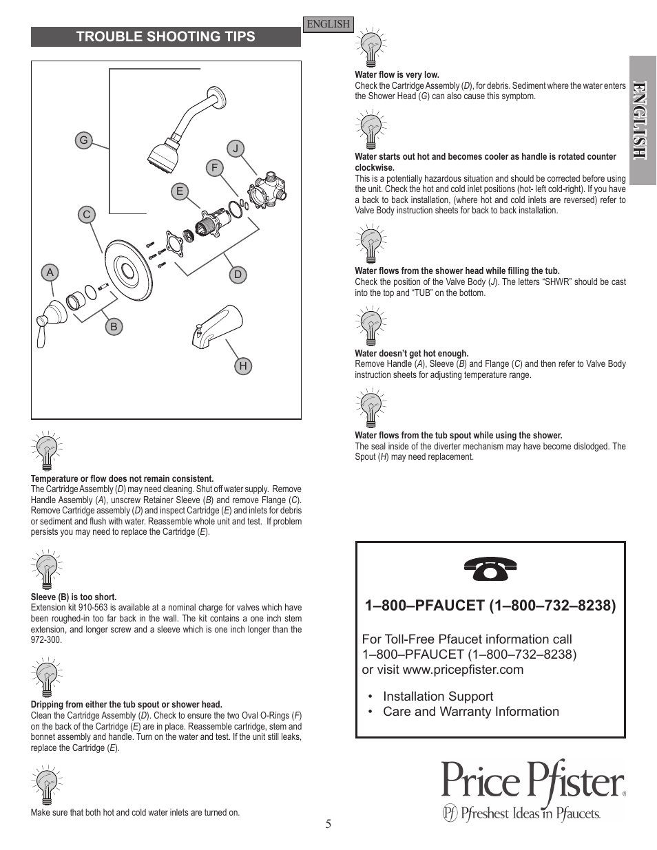 English, Trouble shooting tips | Pfister R89-50XK User Manual | Page 5 / 14