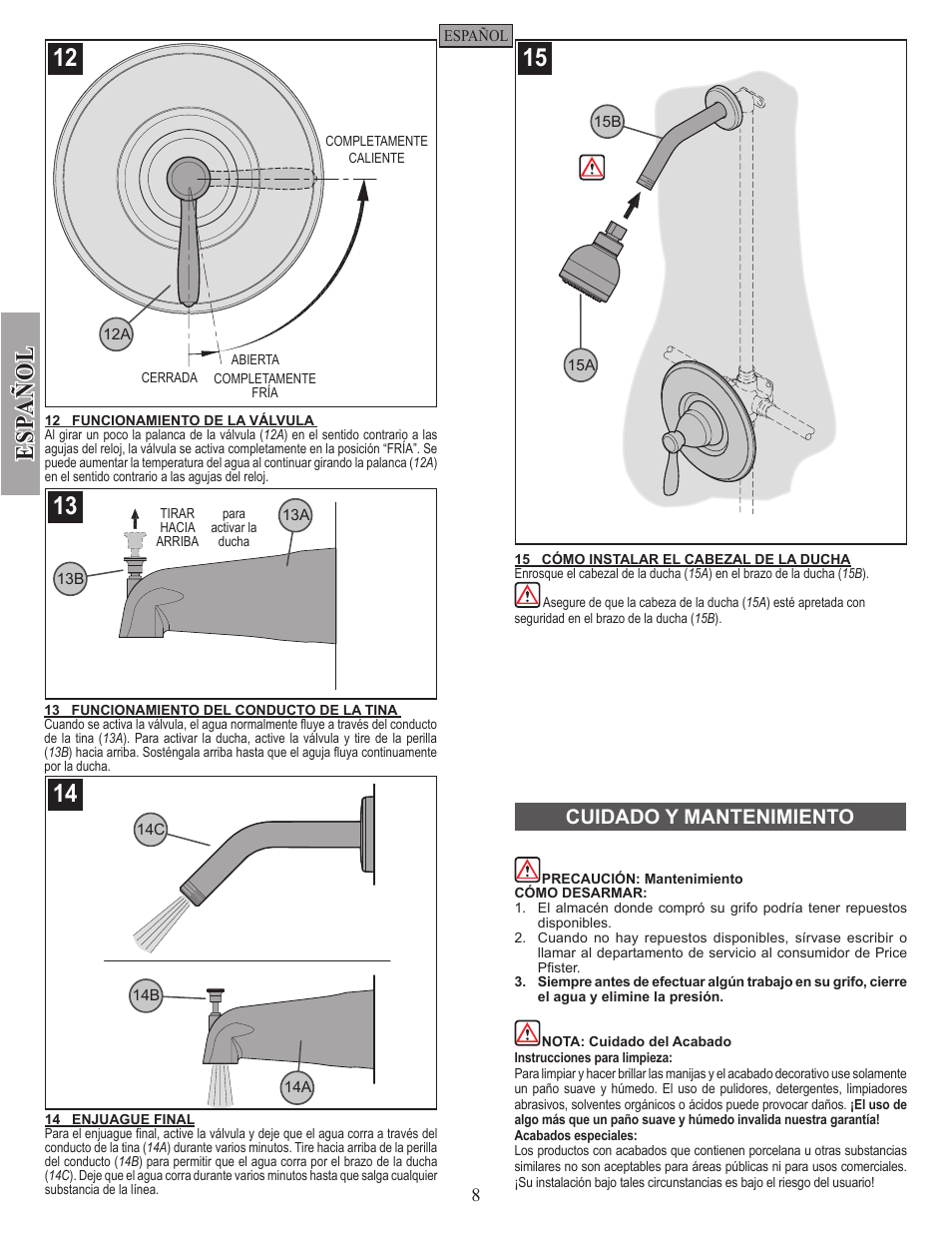 Esp a ñ ol, Cuidado y mantenimiento | Pfister R89-50XK User Manual | Page 8 / 14