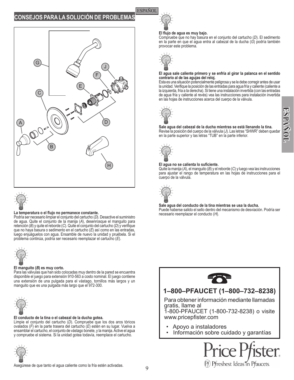 Esp a ñ ol, Consejos para la solución de problemas | Pfister R89-50XK User Manual | Page 9 / 14