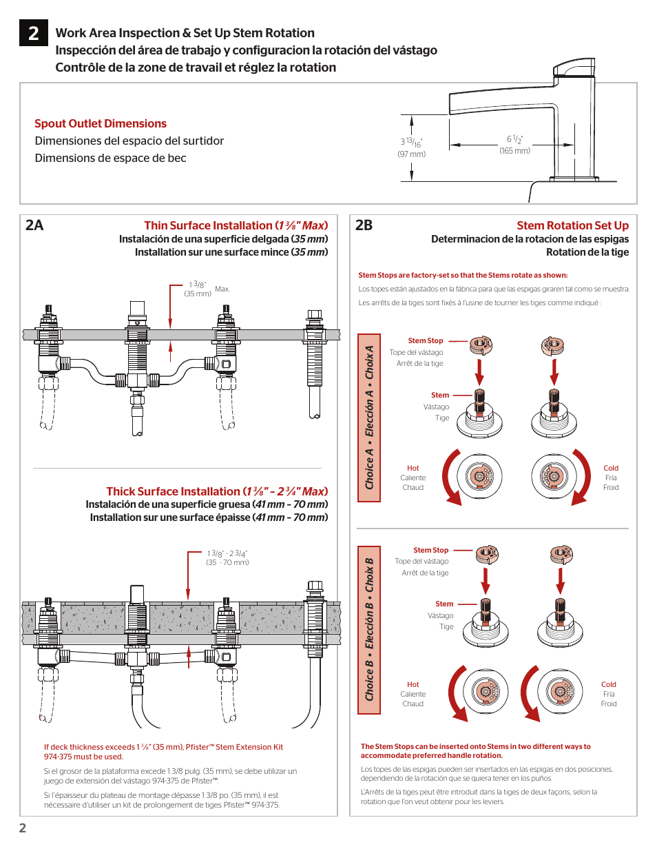 2b 2a, Max ), Stem rotation set up | Thick surface installation ( 1 | Pfister RT6-4DFC User Manual | Page 2 / 8