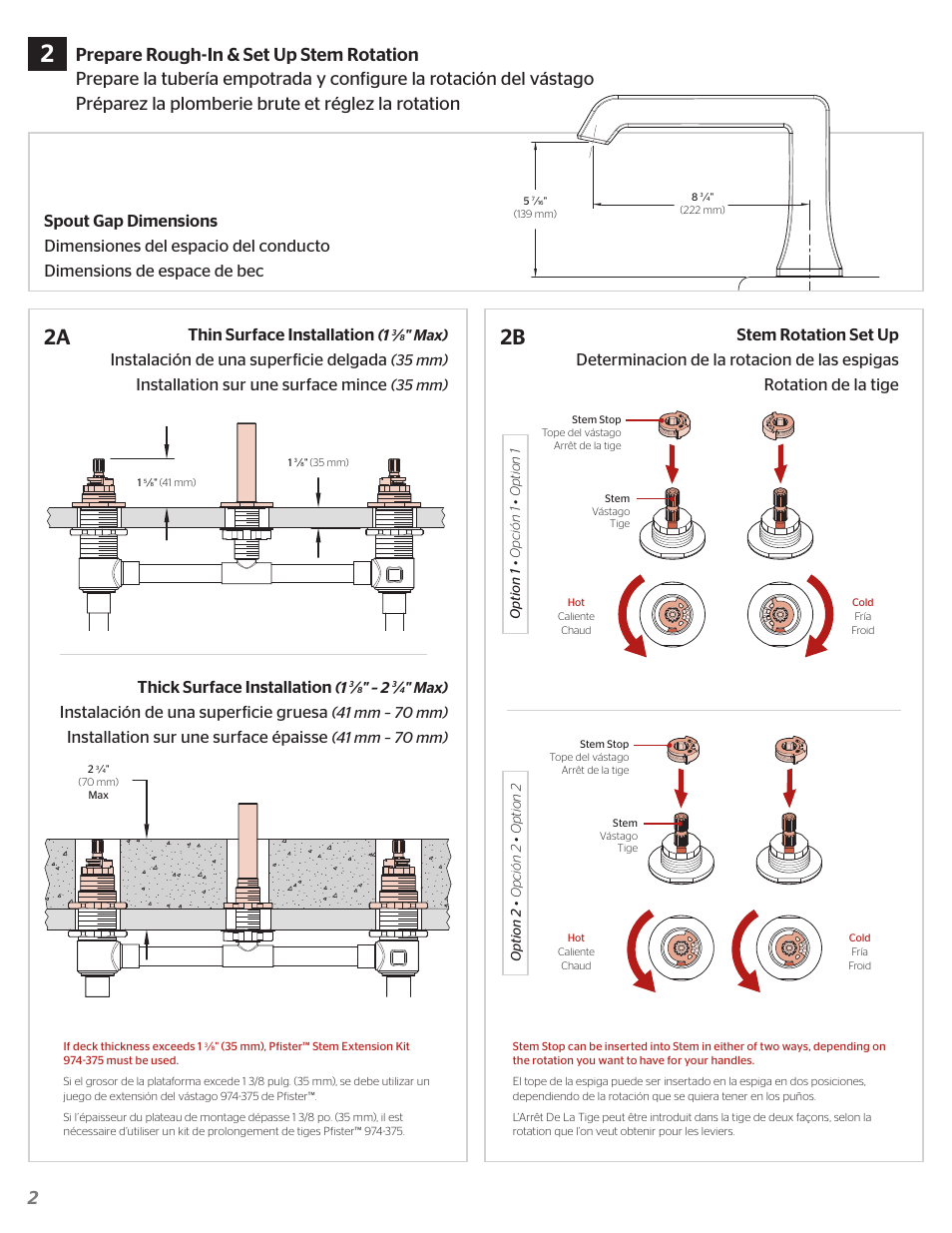 Thin surface installation, Instalación de una superficie delgada, Installation sur une surface mince | Instalación de una superficie gruesa, Installation sur une surface épaisse | Pfister RT6-5FEK User Manual | Page 2 / 4