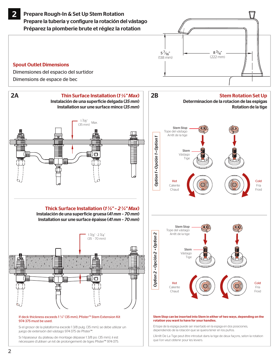 2b 2a, Max ), Stem rotation set up | Thick surface installation ( 1 | Pfister 38028-0100.pdf User Manual | Page 2 / 8
