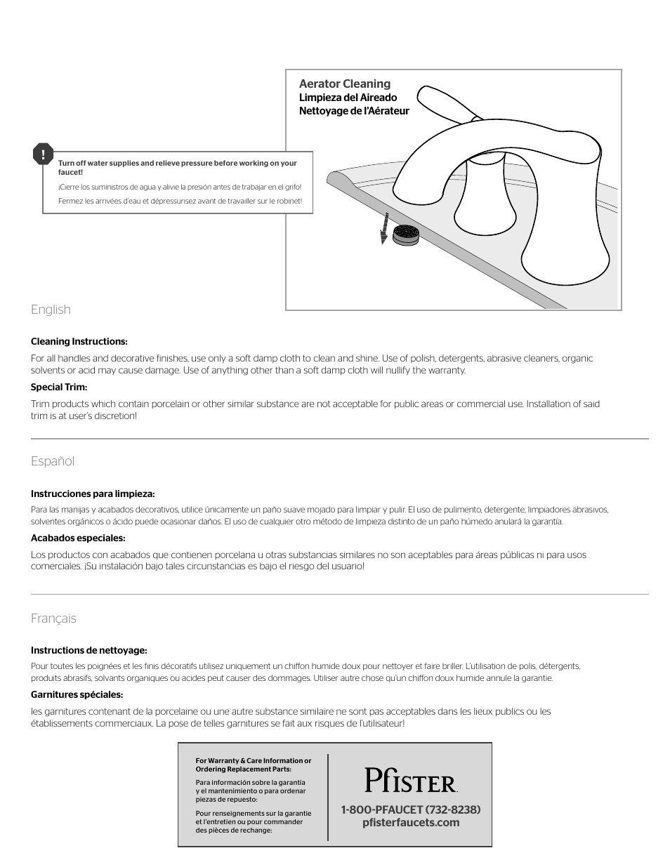 English, Español, Français | Pfister RT6-5TRK User Manual | Page 3 / 4