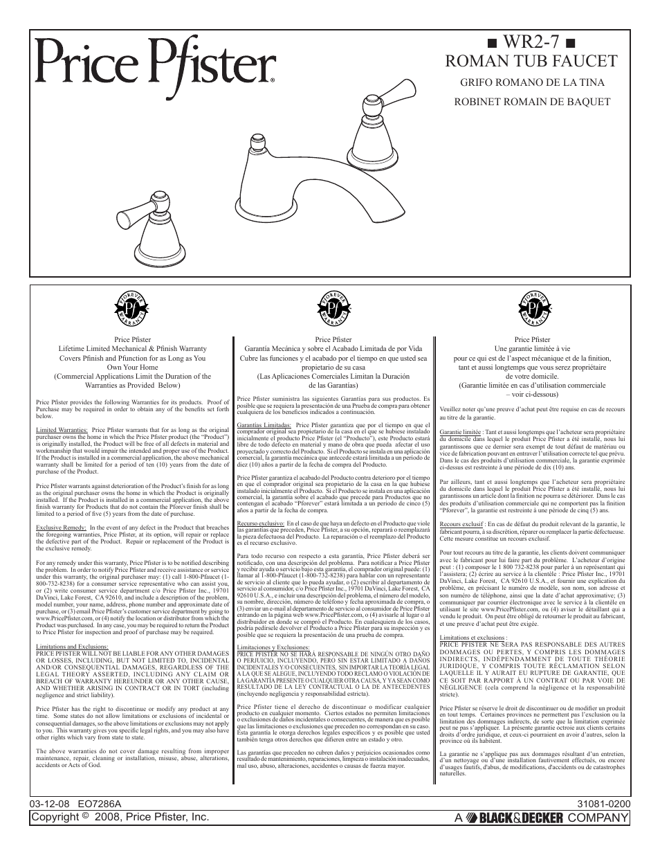 Pfister WR2-700C User Manual | 7 pages