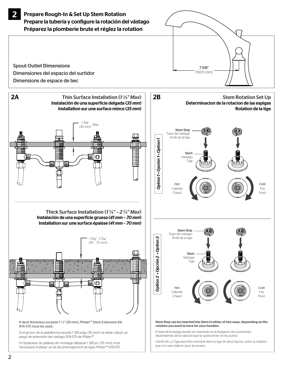 2b 2a, Max ), Stem rotation set up | Thick surface installation ( 1 | Pfister RT6-4TRK User Manual | Page 2 / 8