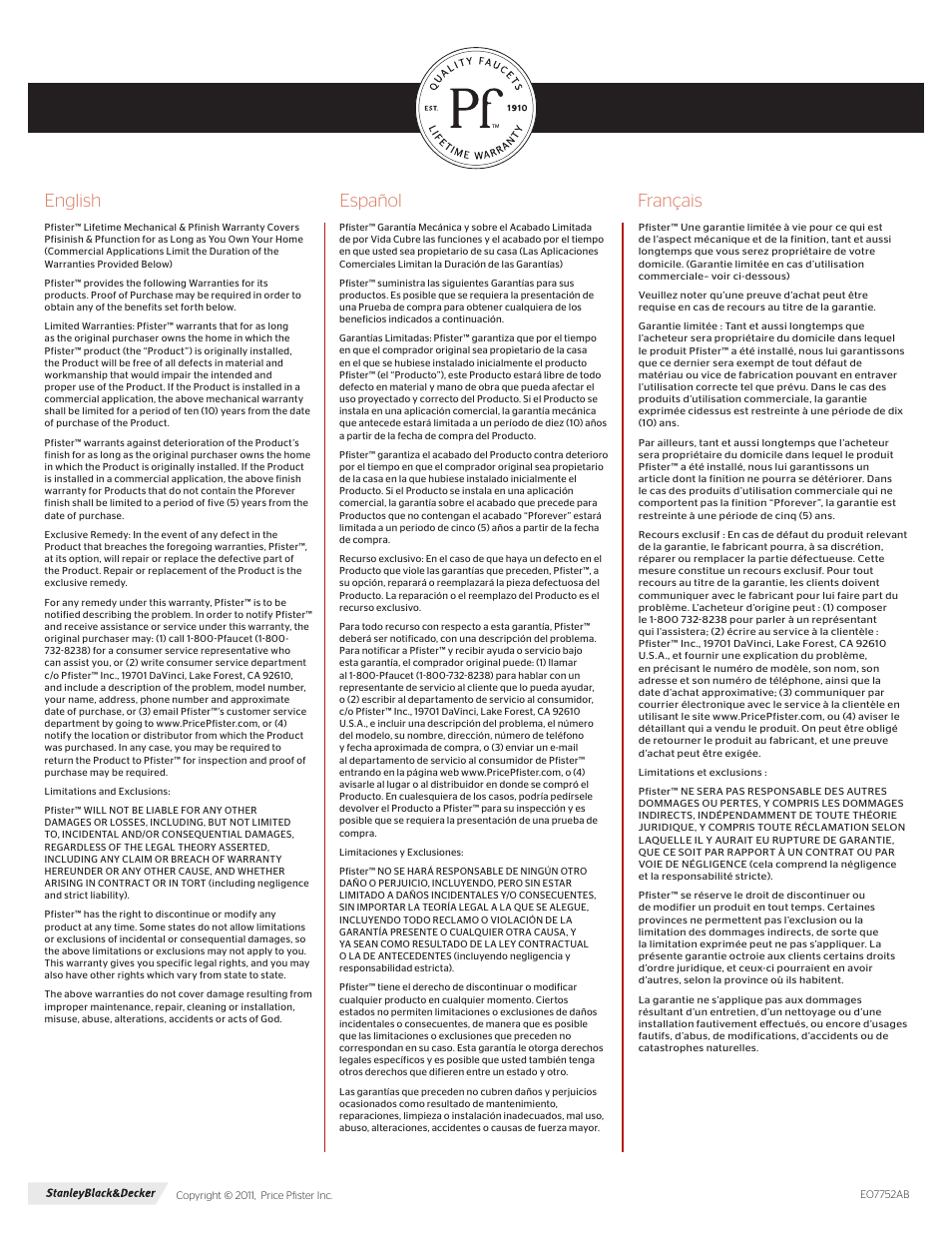 English español français | Pfister RT6-4RPK User Manual | Page 4 / 4