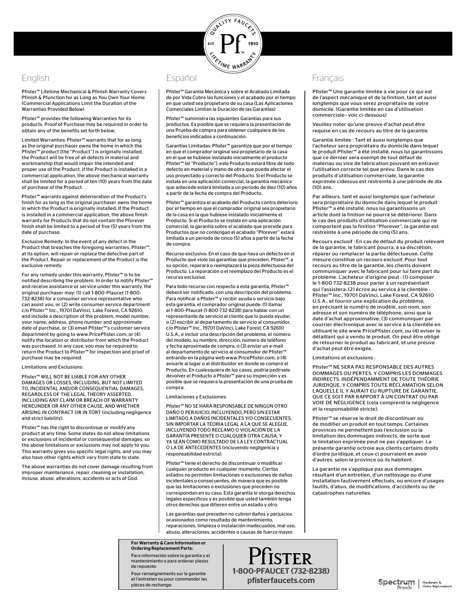 English español français | Pfister 015-4WDX User Manual | Page 2 / 2