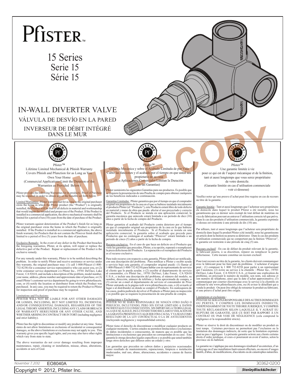 Pfister 015-IWDX User Manual | 8 pages