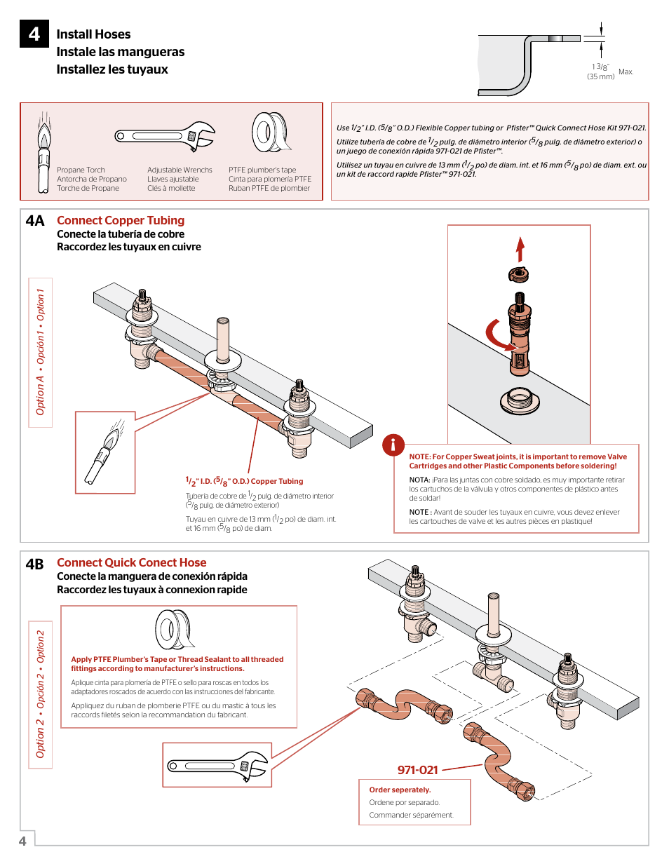 4a 4b, Connect copper tubing, Connect quick conect hose | Pfister 0X6-150R User Manual | Page 4 / 10