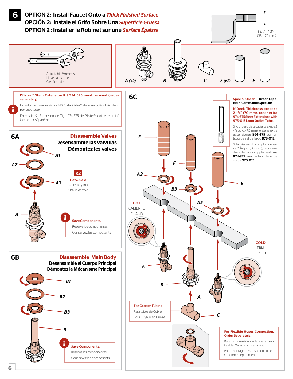 6c 6a 6b, Option 2: install faucet onto a, Opción 2: instale el grifo sobre una | Option 2 : installer le robinet sur une, Thick finished surface, Superficie gruesa, Surface épaisse | Pfister 0X6-150R User Manual | Page 6 / 10