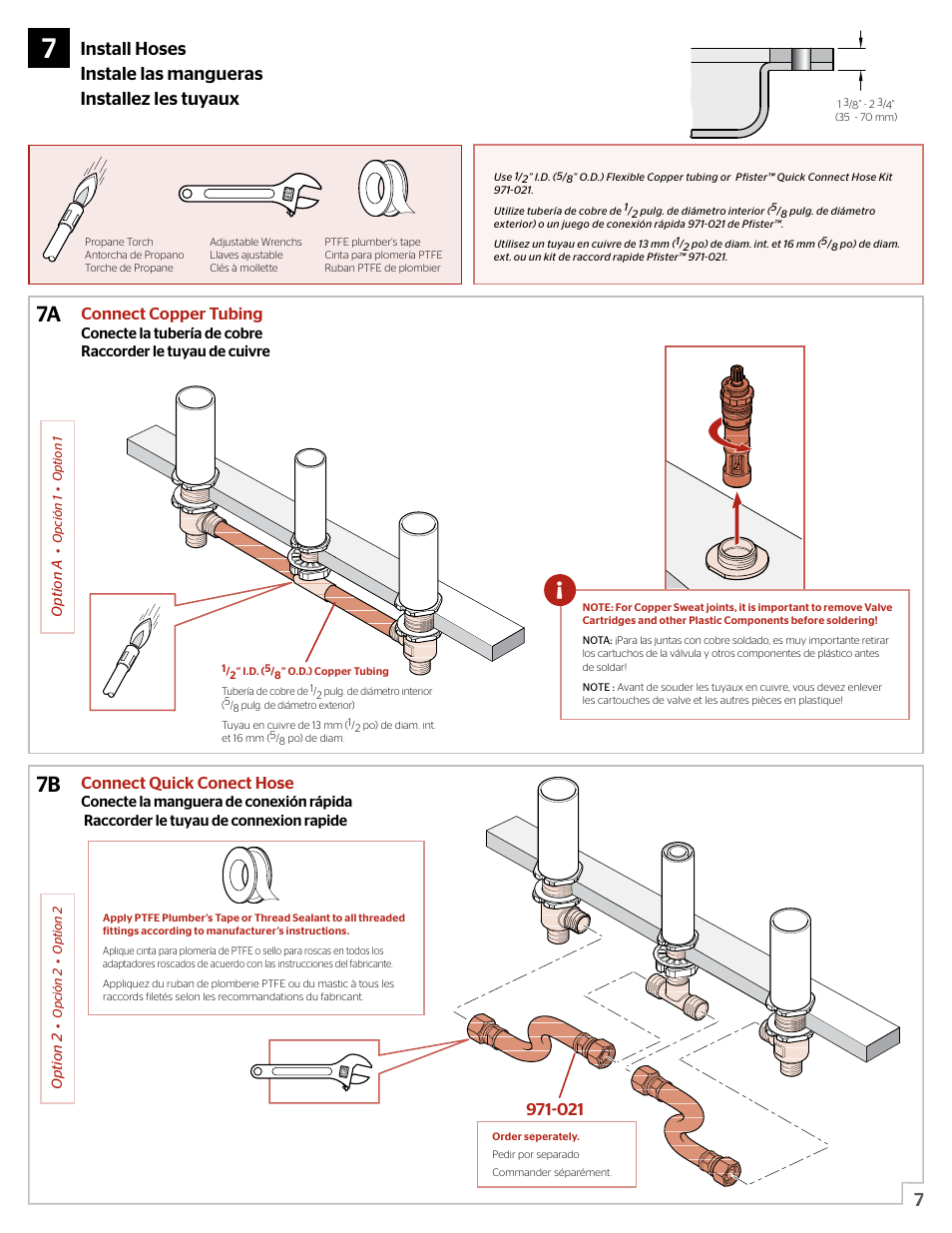 7a 7b, Connect copper tubing, Connect quick conect hose | Pfister 0X6-150R User Manual | Page 7 / 10