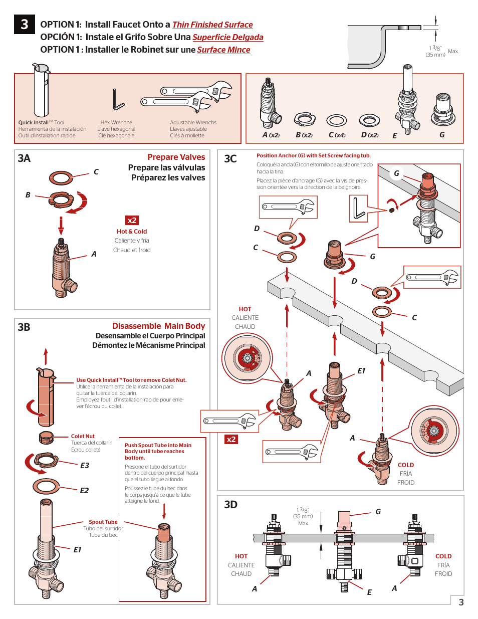 3a 3c 3d 3b, 3option 1: install faucet onto a, Opción 1: instale el grifo sobre una | Option 1 : installer le robinet sur, Thin finished surface, Superficie delgada, Une surface mince | Pfister 0X6-440R User Manual | Page 3 / 14