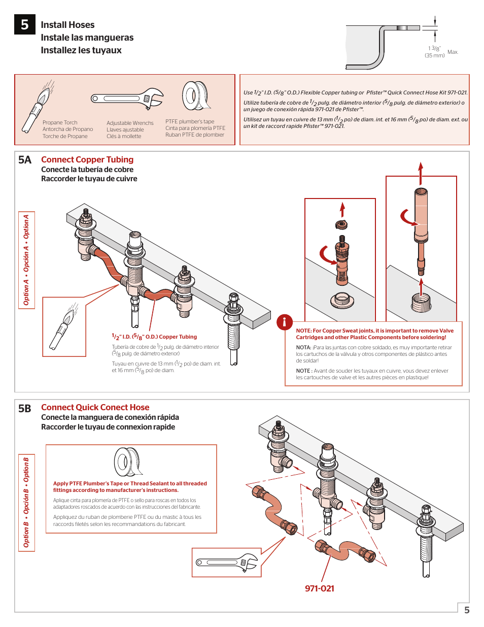 5a 5b, Connect copper tubing, Connect quick conect hose | Pfister 0X6-440R User Manual | Page 5 / 14