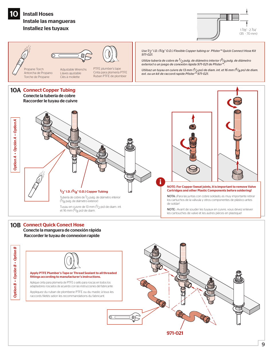 10a 10b, Connect copper tubing, Connect quick conect hose | Pfister 0X6-440R User Manual | Page 9 / 14