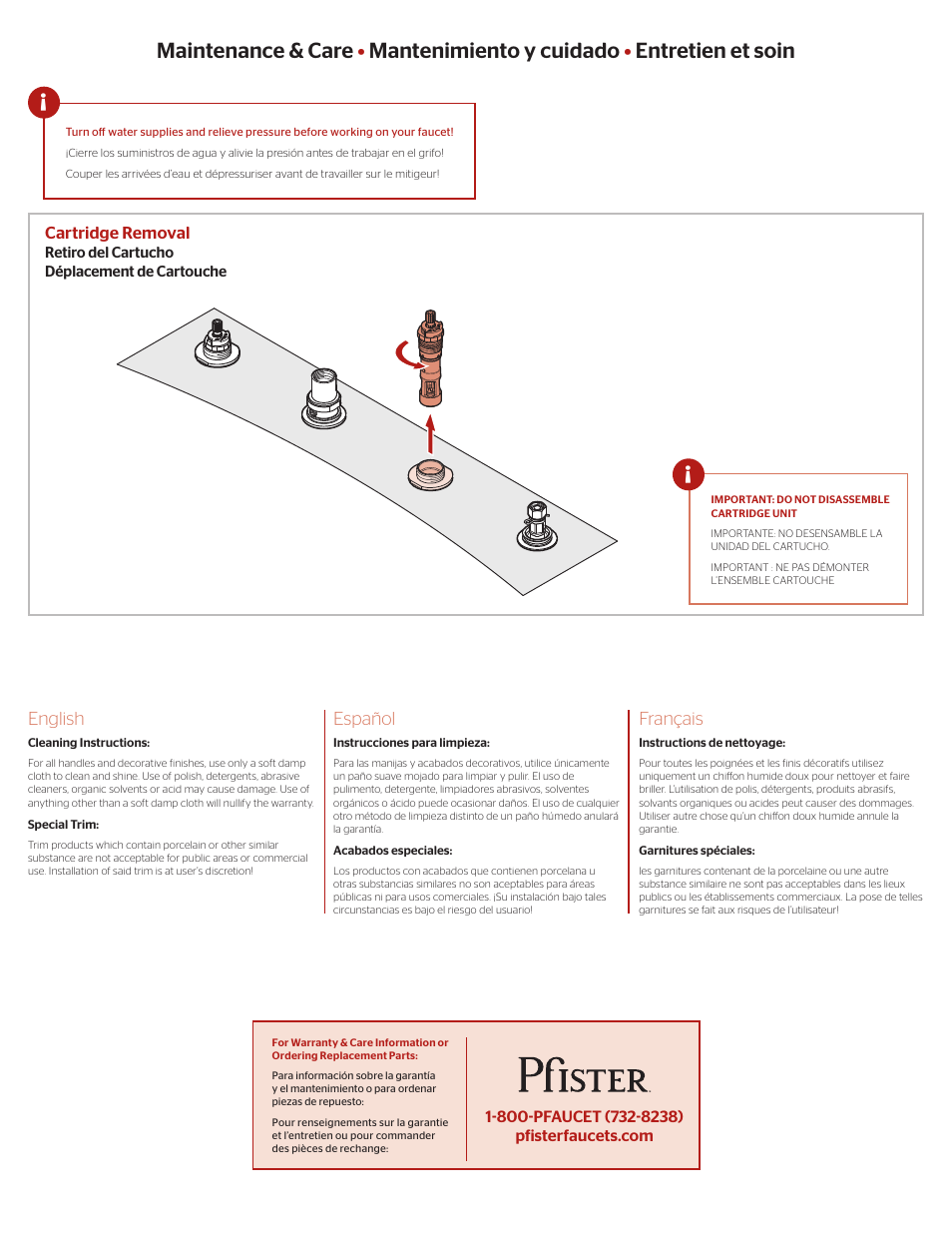 English, Español, Français | Pfister 0X6-440R User Manual | Page 3 / 4