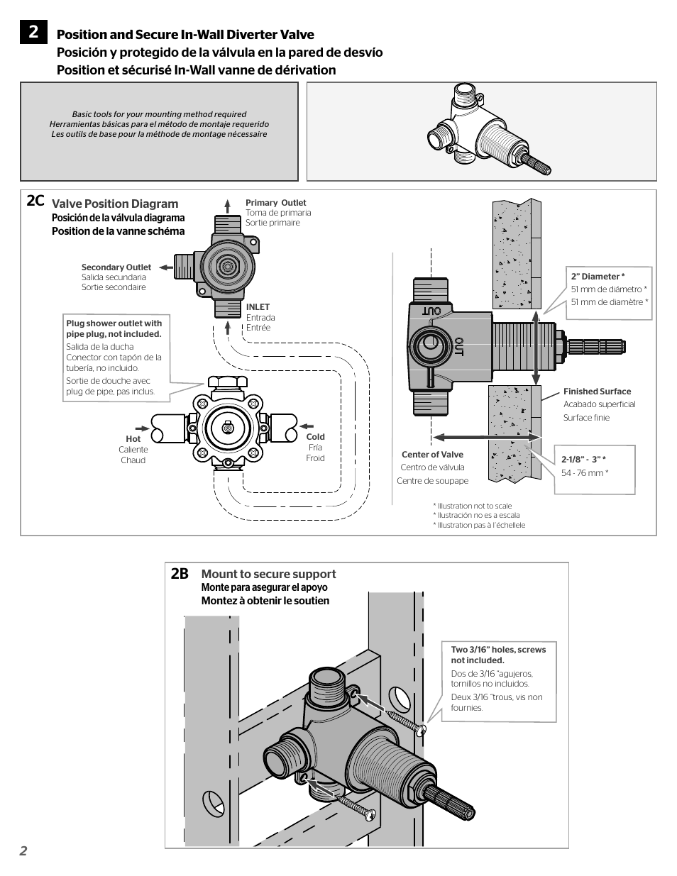 2c 2b, Valve position diagram, Mount to secure support | Pfister 015-2WDX User Manual | Page 2 / 4