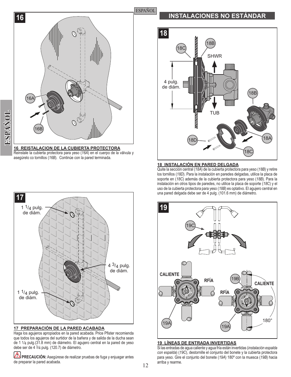 Esp a ñ ol, Instalaciones no estándar | Pfister JX8-340P User Manual | Page 12 / 20