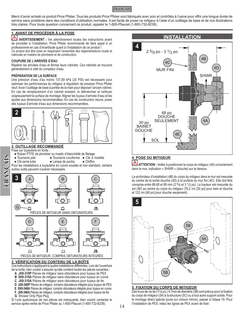 Fran ç ais, Installation | Pfister JX8-340P User Manual | Page 14 / 20