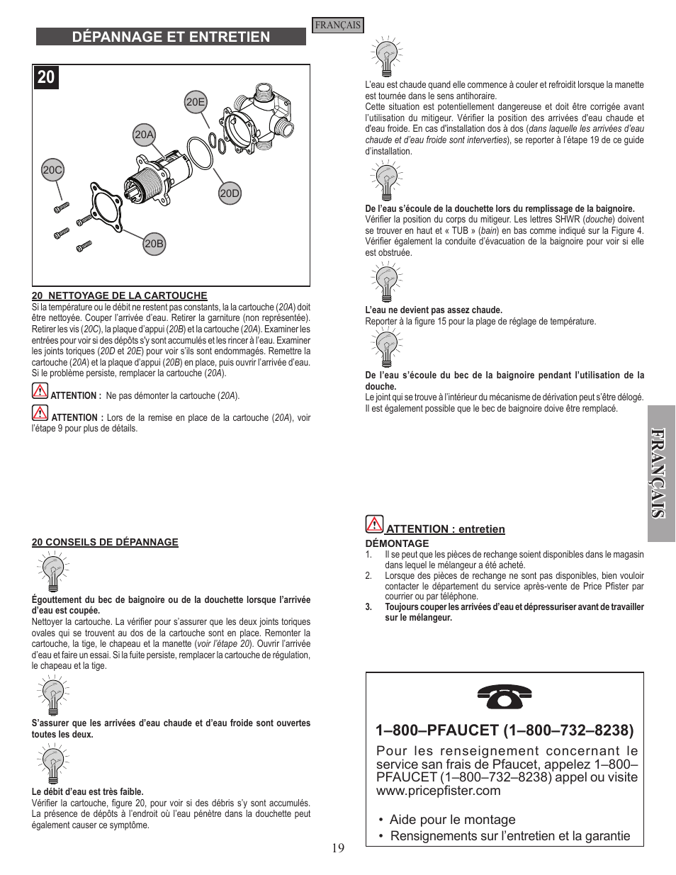 Fran ç ais, Dépannage et entretien | Pfister JX8-340P User Manual | Page 19 / 20