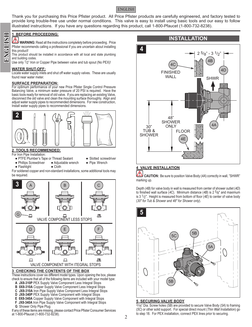 English, Installation | Pfister JX8-340P User Manual | Page 2 / 20