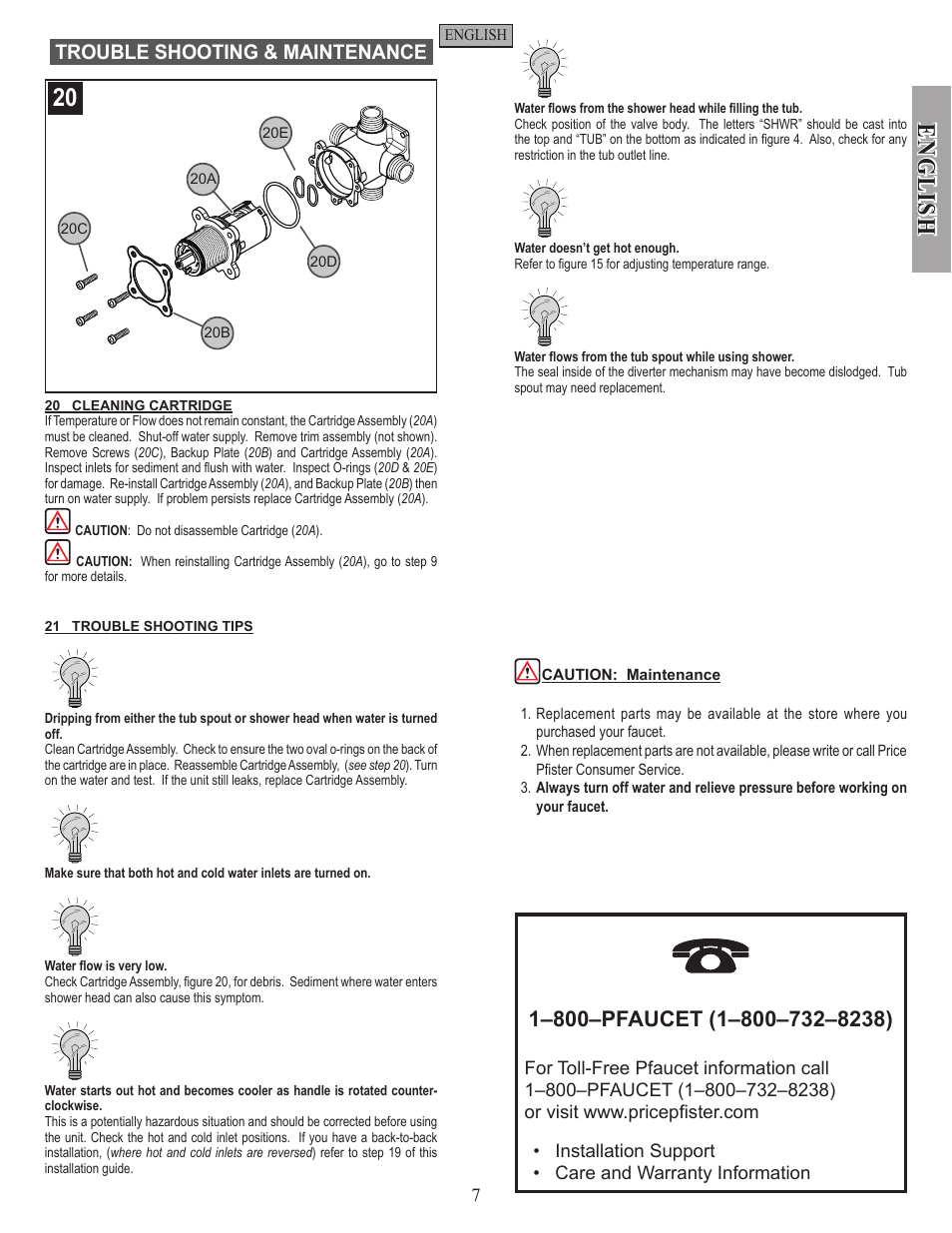 English, Trouble shooting & maintenance | Pfister JX8-340P User Manual | Page 7 / 20