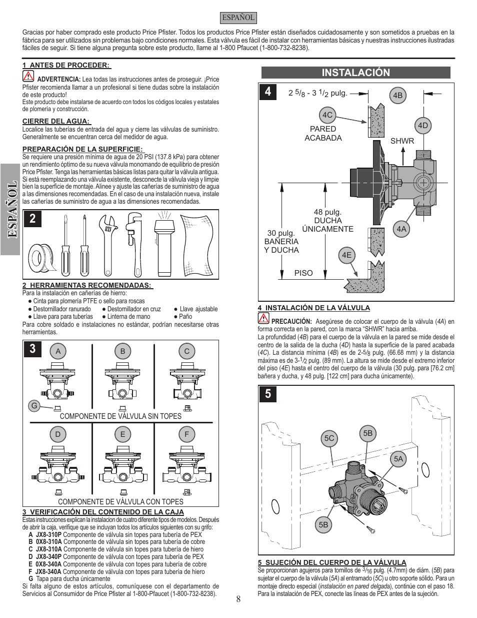 Esp a ñ ol, Instalación | Pfister JX8-340P User Manual | Page 8 / 20