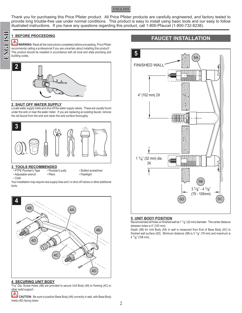 English, Faucet installation | Pfister G0W8-0100 User Manual | Page 2 / 8
