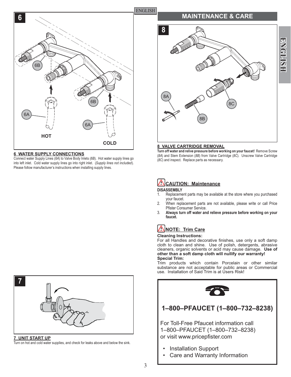 English, Maintenance & care | Pfister G0W8-0100 User Manual | Page 3 / 8