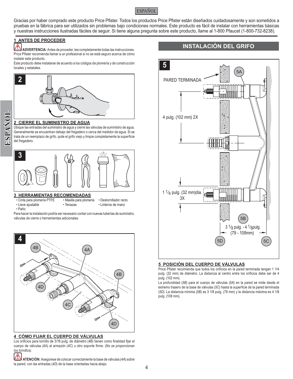 Esp a ñ ol | Pfister G0W8-0100 User Manual | Page 4 / 8