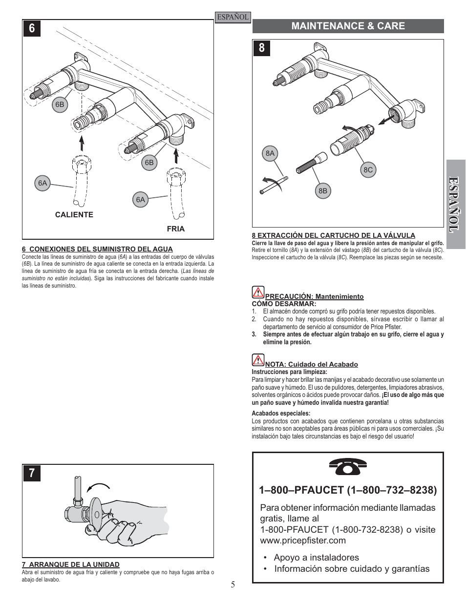 Esp a ñ ol, Maintenance & care | Pfister G0W8-0100 User Manual | Page 5 / 8