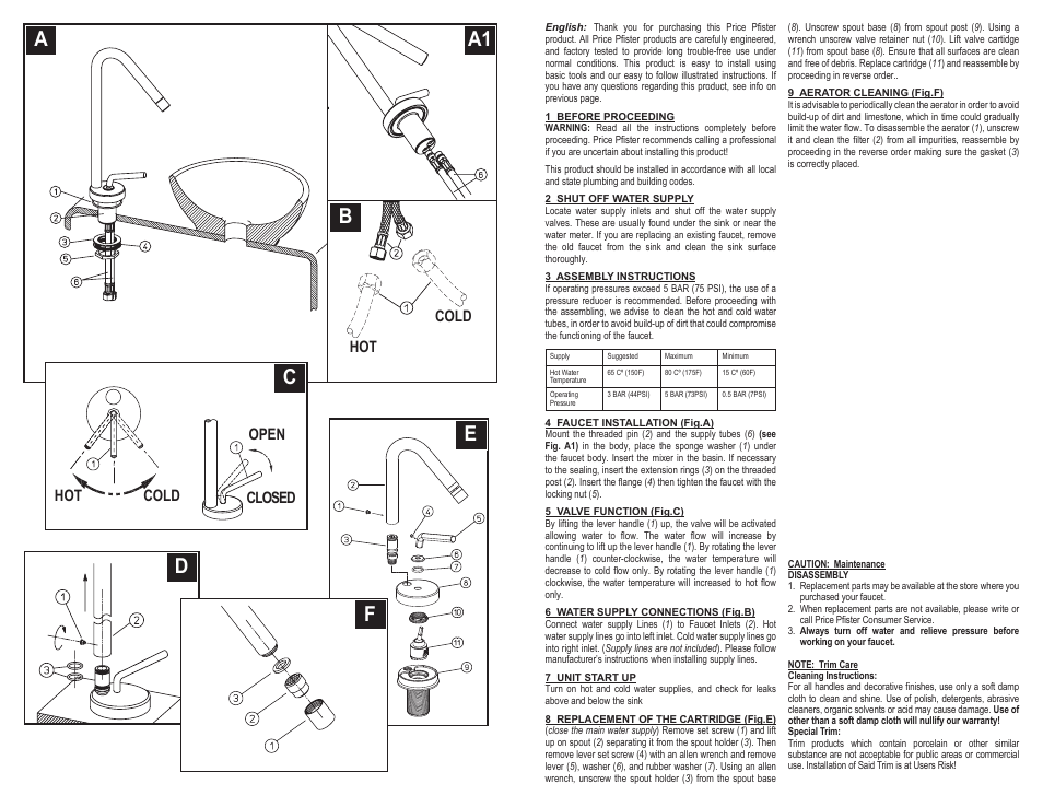 Da a1 b e cc f, Hot open cold cold closed | Pfister A40-ANFC/A40-ANFCA User Manual | Page 2 / 6