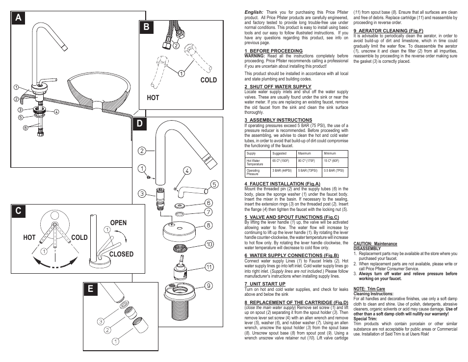 Ad c e b, Hot open cold cold closed | Pfister A42-ANFC/A42-ANFCA User Manual | Page 2 / 6