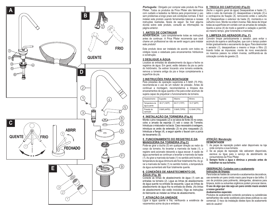 Ad c b e, Abrir fechado quente quente frio frio | Pfister A42-ANFC/A42-ANFCA User Manual | Page 5 / 6
