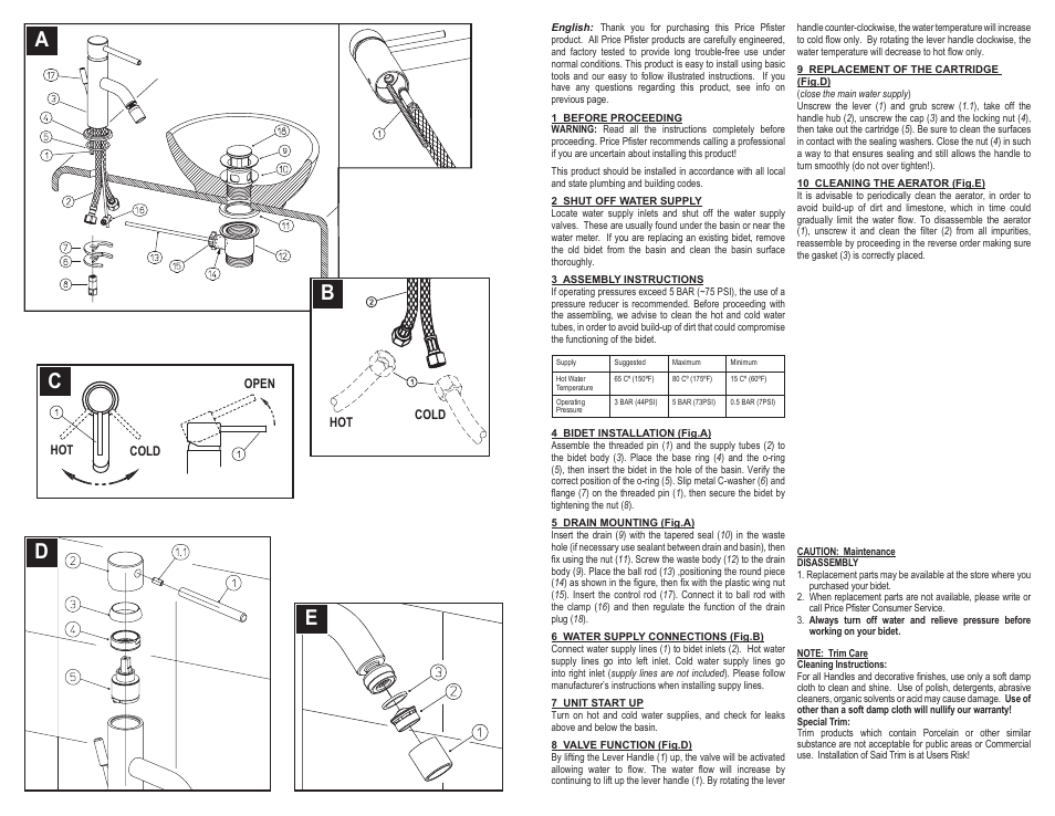 De a b c | Pfister A23-AMFC/A23-AMFCA User Manual | Page 2 / 6