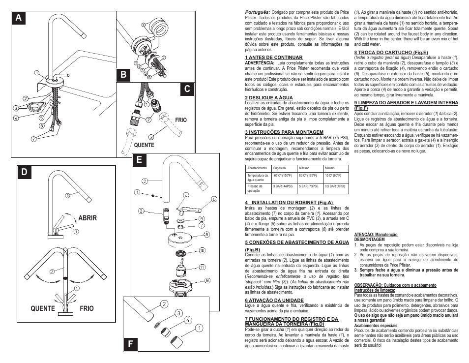 Abrir, Quente, Frio | Pfister A34-ANFC User Manual | Page 5 / 6