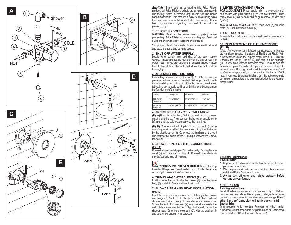 Dc b, Hot shower cold | Pfister A08-AS1C User Manual | Page 2 / 6