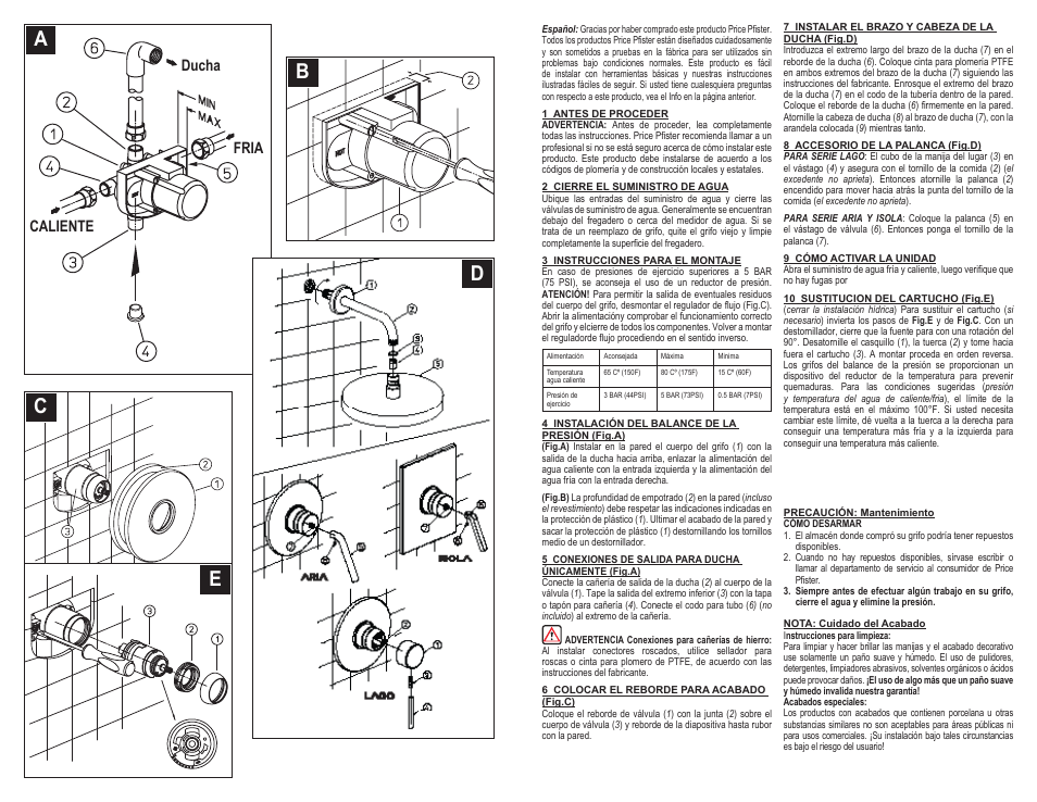 Ea d c b, Caliente ducha fria | Pfister A08-AS1C User Manual | Page 3 / 6