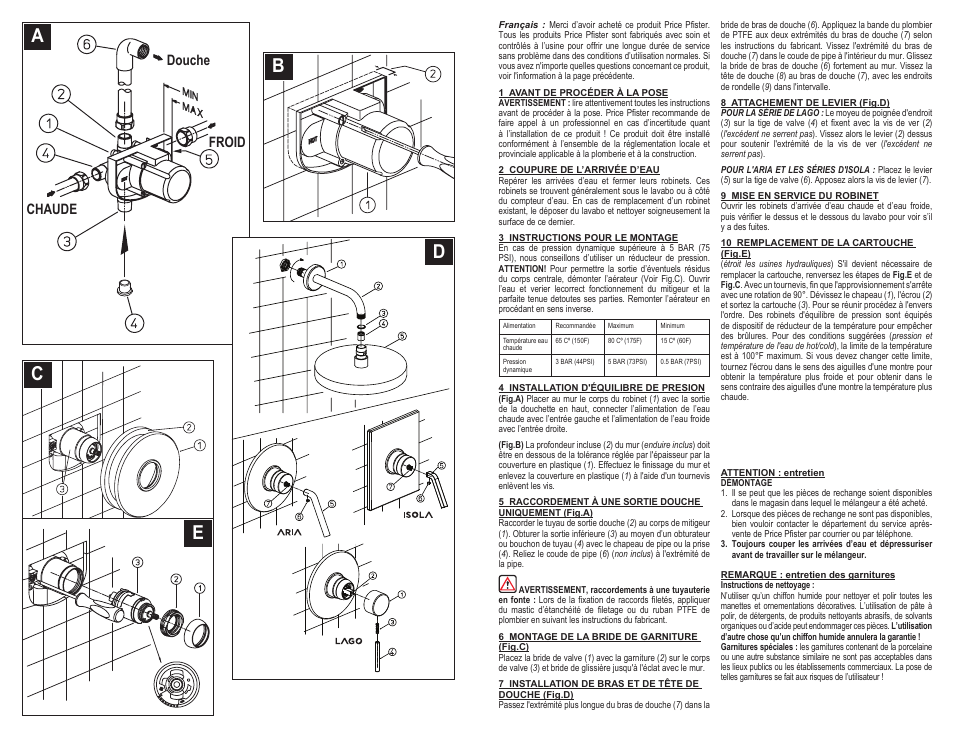 Ea d c b, Chaude douche froid | Pfister A08-AS1C User Manual | Page 4 / 6