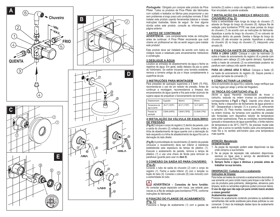 Ea d c b, Quenta chuveiro frio | Pfister A08-AS1C User Manual | Page 5 / 6