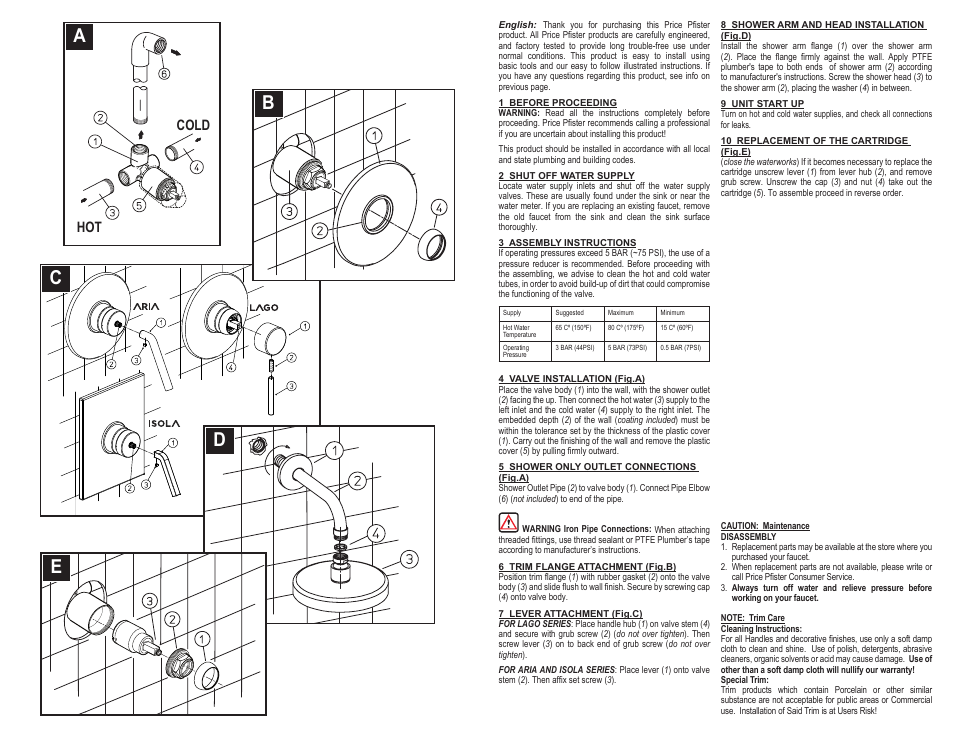 Ac b d e, Hot cold | Pfister A89-AS1C User Manual | Page 2 / 6