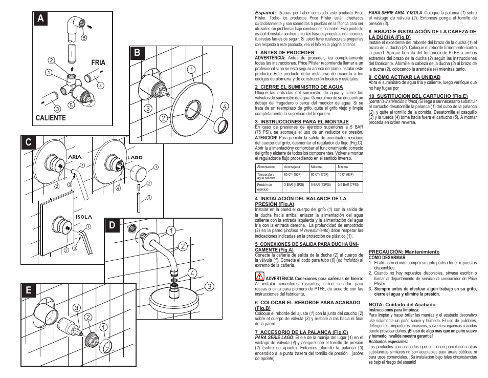 Ac b d e, Caliente fria | Pfister A89-AS1C User Manual | Page 3 / 6