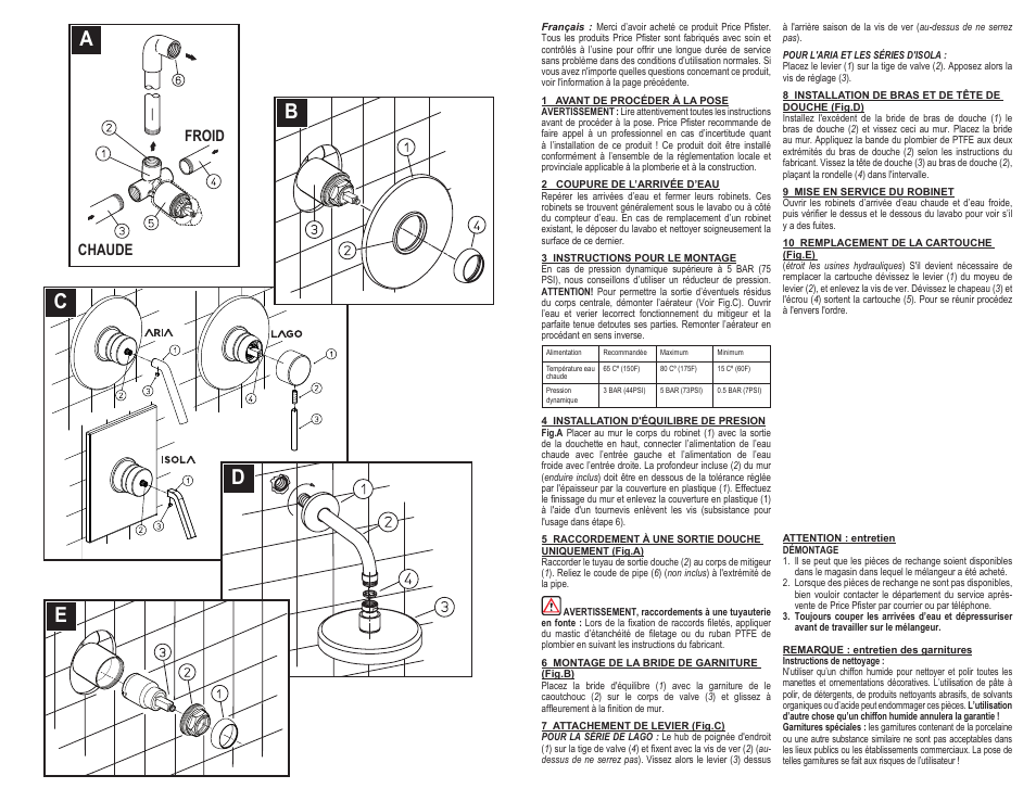 Ac b d e, Chaude froid | Pfister A89-AS1C User Manual | Page 4 / 6